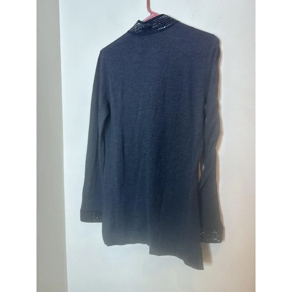 Tory Burch Tunic Sweater Womens Medium Gray Merino Wool Rhinestone V Neck Knit